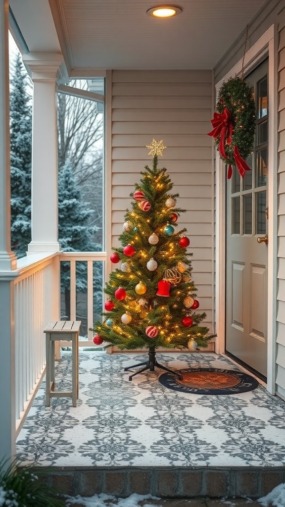 A decorated Christmas tree on a porch with snow and festive decor.