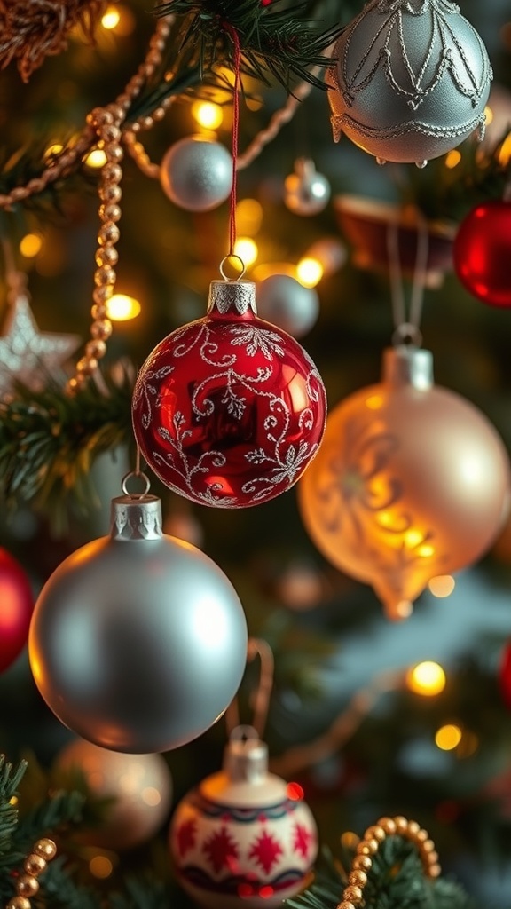 Close-up of colorful Christmas tree ornaments hanging on a tree.