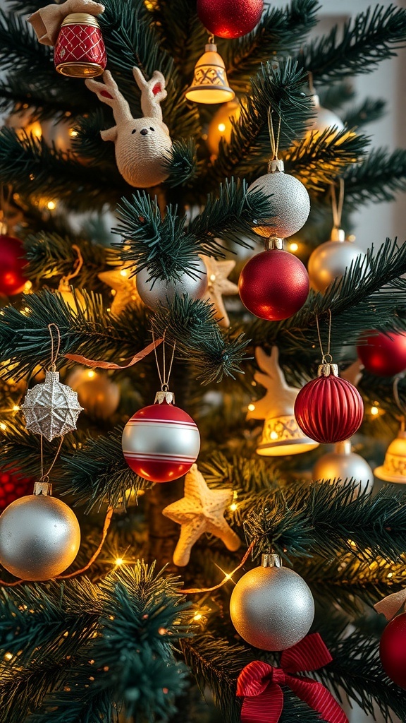 A beautifully decorated Christmas tree with various ornaments including red and silver baubles, stars, and a reindeer.