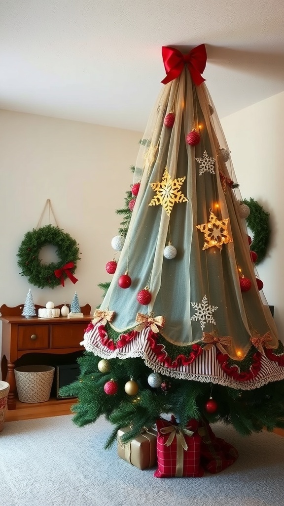 A decorated Christmas tree with a skirt and festive ornaments.