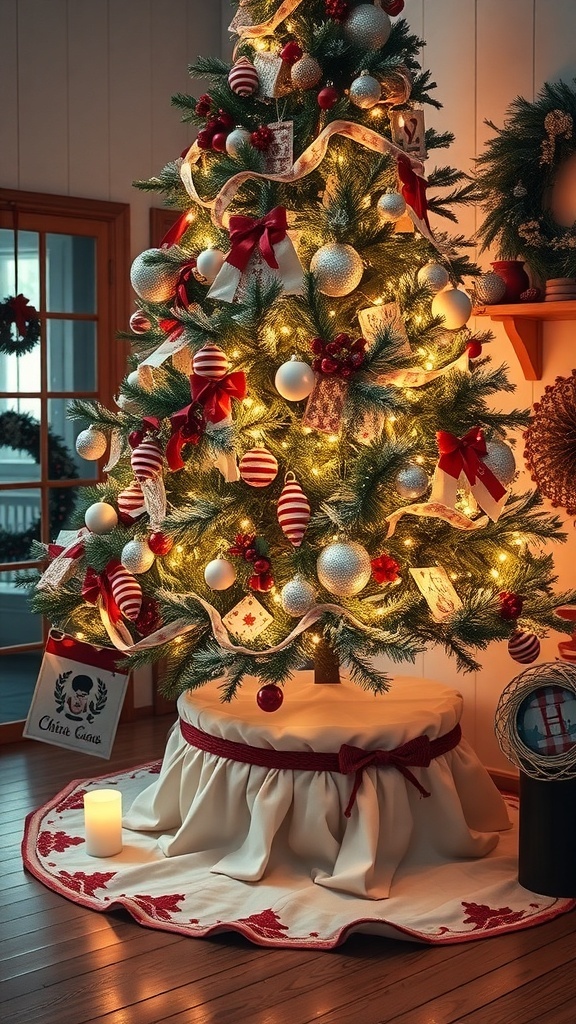 A beautifully decorated Christmas tree with a festive skirt and presents underneath.