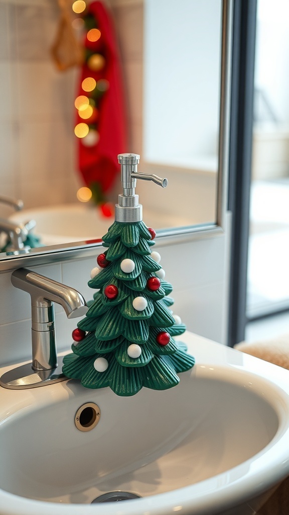 A Christmas tree-shaped soap dispenser next to a sink.