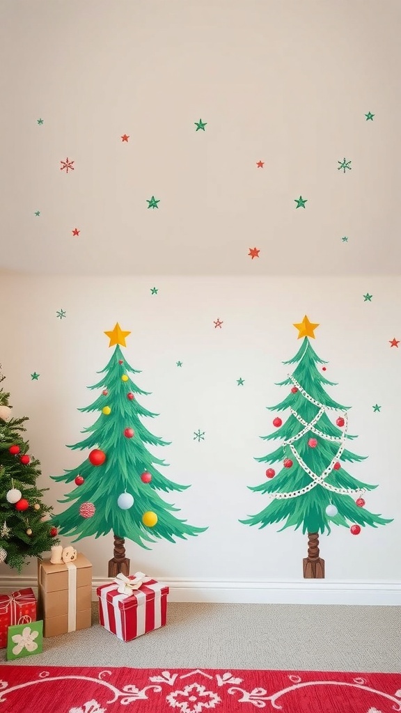 Colorful Christmas tree wall decals with ornaments and stars on a wall.