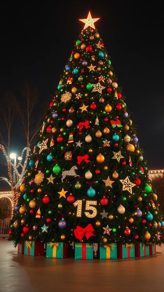 A beautifully decorated Christmas tree with colorful ornaments and a star on top, surrounded by wrapped gifts.