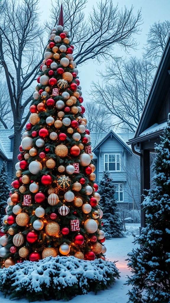 A beautifully decorated outdoor Christmas tree with colorful ornaments and lights, surrounded by snow.