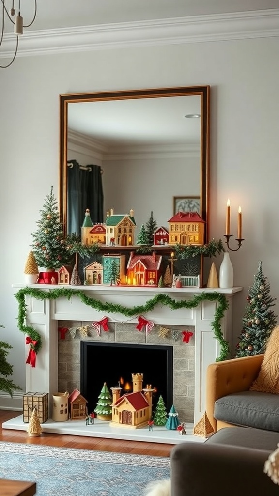 A beautifully decorated living room with a Christmas village display on the mantel.