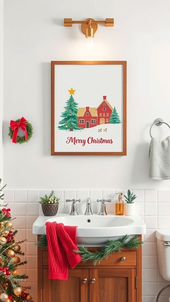 Christmas wall art featuring a house and tree in a bathroom setting