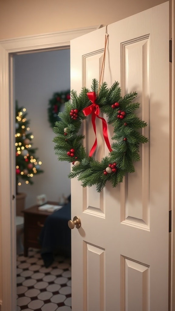 A Christmas wreath with red berries and a ribbon hanging on a bathroom door.