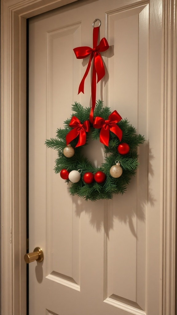 A Christmas wreath with red and white ornaments and bows hanging on a bathroom door.