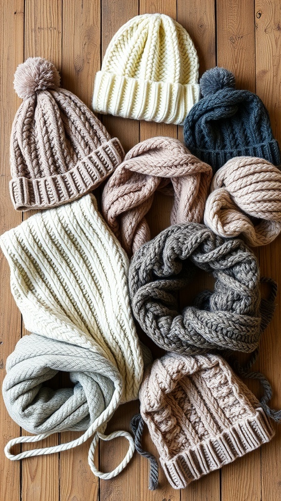 A collection of chunky knit scarves and hats in various colors and styles.