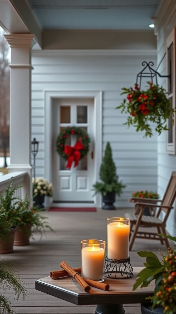 A cozy porch decorated with cinnamon-scented candles and autumn decor.