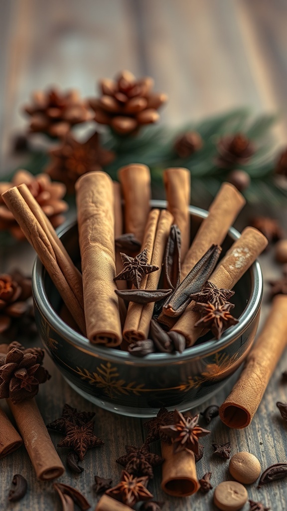 A bowl filled with cinnamon sticks and star anise surrounded by pine cones, evoking a warm holiday atmosphere.