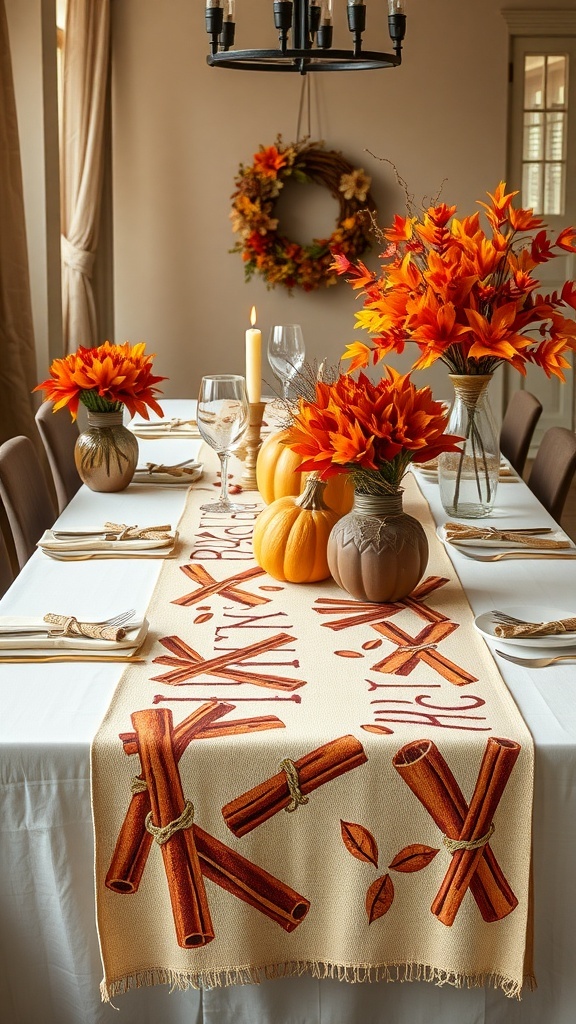 A fall-themed table setting with a cinnamon stick table runner, orange flowers, and pumpkins.