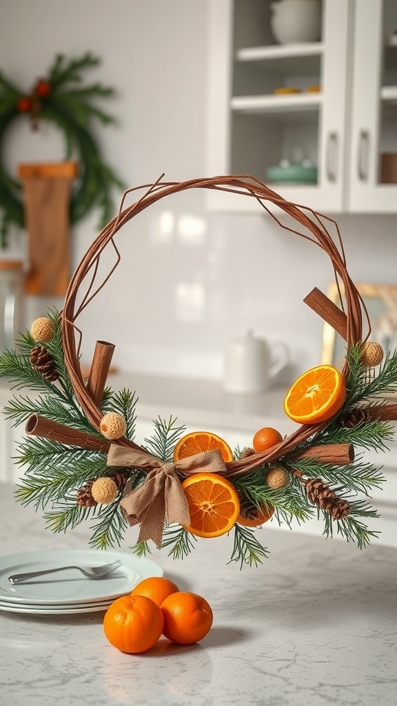 A winter wreath featuring cinnamon sticks, orange slices, and pinecones, set against a kitchen background.
