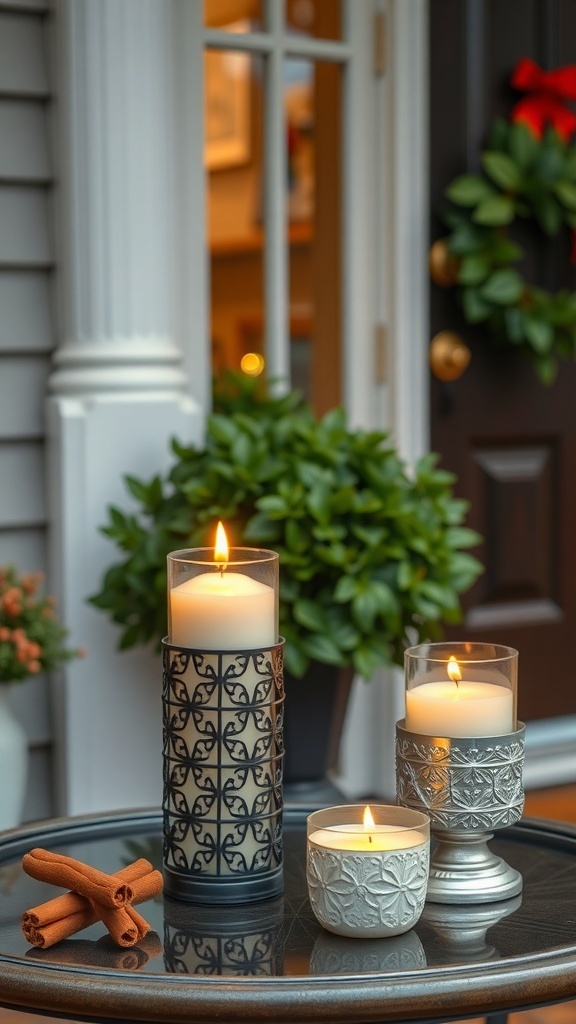 A cozy fall front door decor featuring cinnamon scented candles and decorative elements.