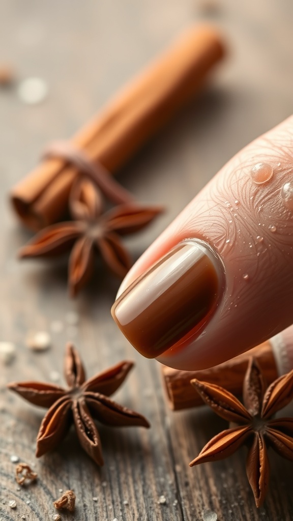 Close-up of a finger with brown nail polish, surrounded by cinnamon sticks and star anise.