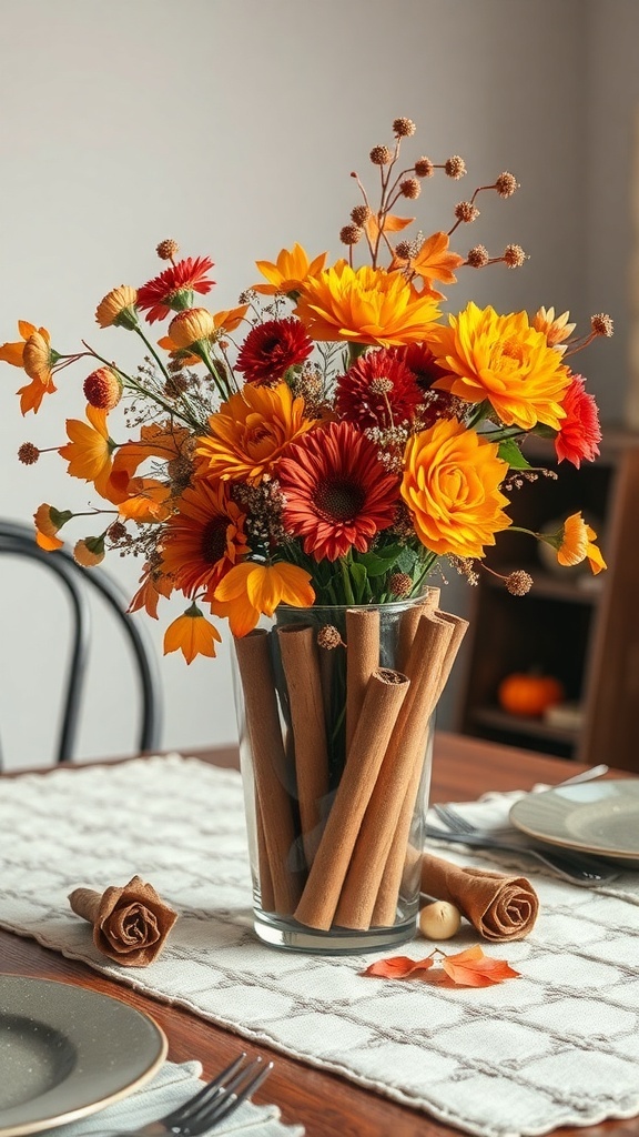 A fall centerpiece featuring colorful flowers and cinnamon sticks in a glass vase.