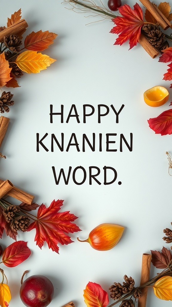 A fall wreath made of cinnamon sticks, apples, pinecones, and colorful leaves with the text 'HAPPY KNANIEN WORD.'
