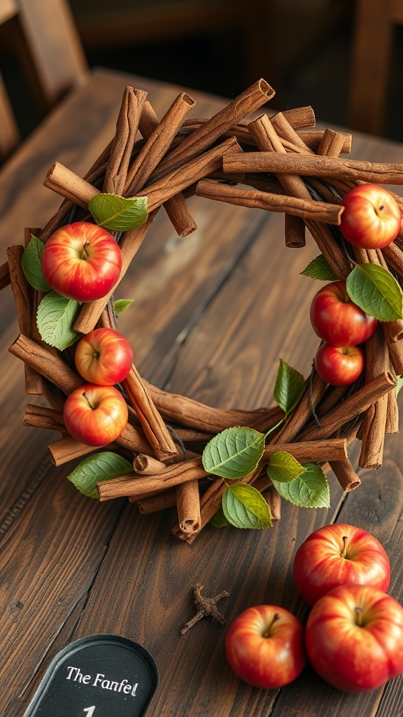 A wreath made of cinnamon sticks and red apples on a wooden table.