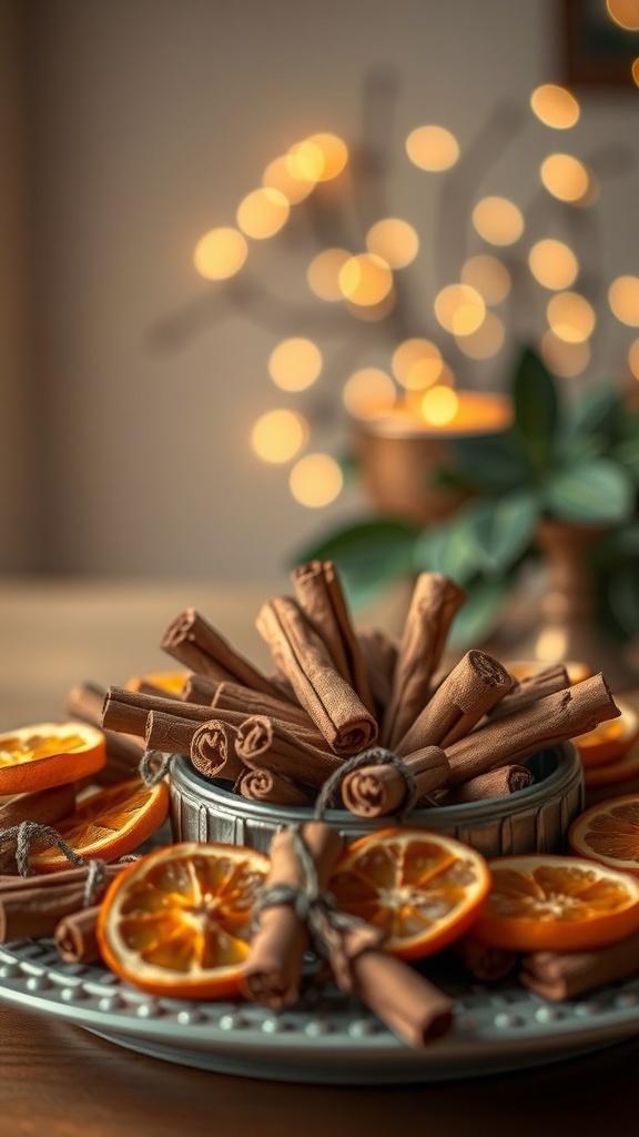 A centerpiece featuring cinnamon sticks and dried orange slices arranged on a decorative plate.