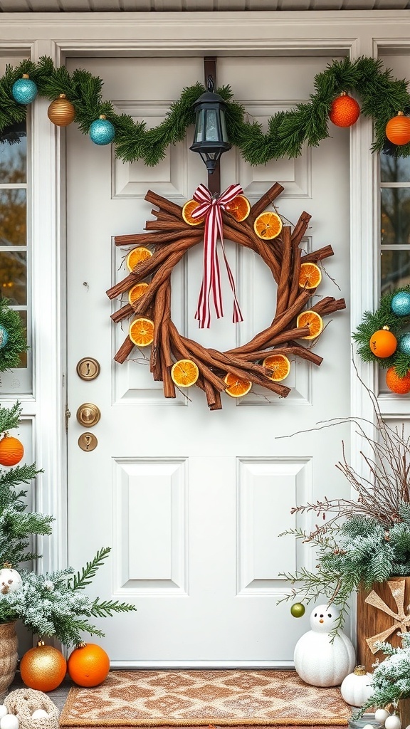 A front door decorated with a wreath made of cinnamon sticks and orange slices, surrounded by festive decor.
