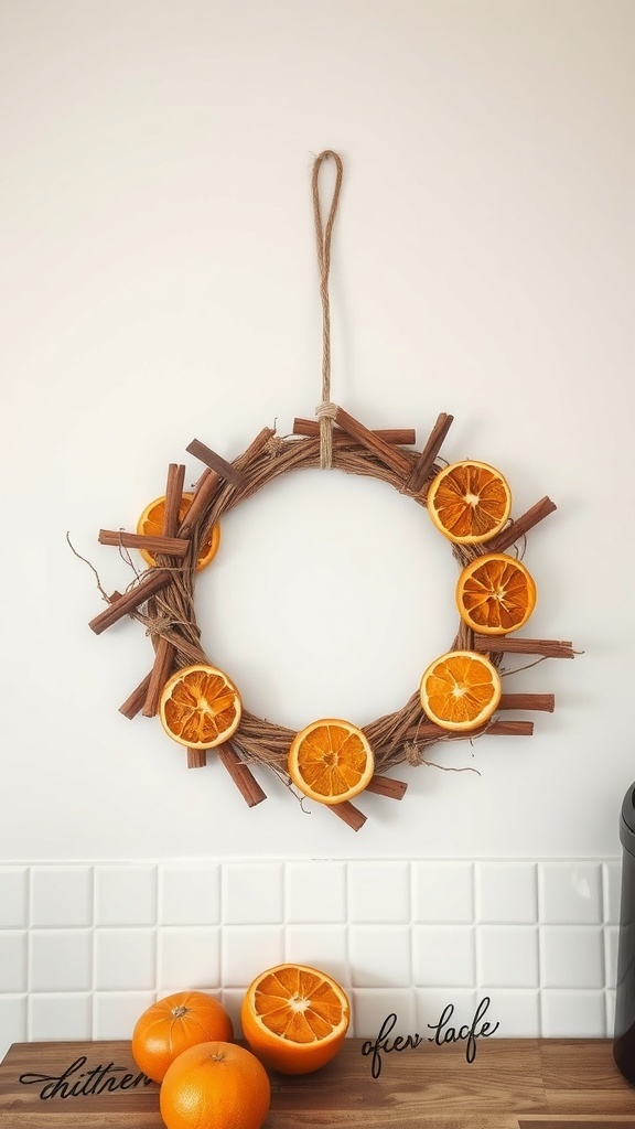 A wreath made of cinnamon sticks and dried orange slices hanging on a wall.