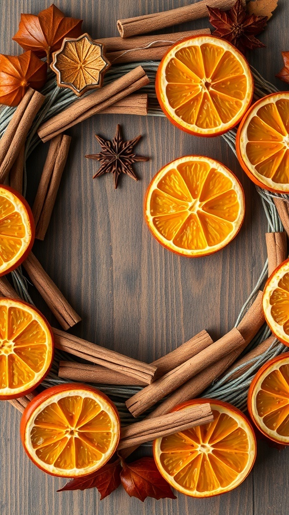 A wreath made of cinnamon sticks and orange slices arranged on a wooden surface.