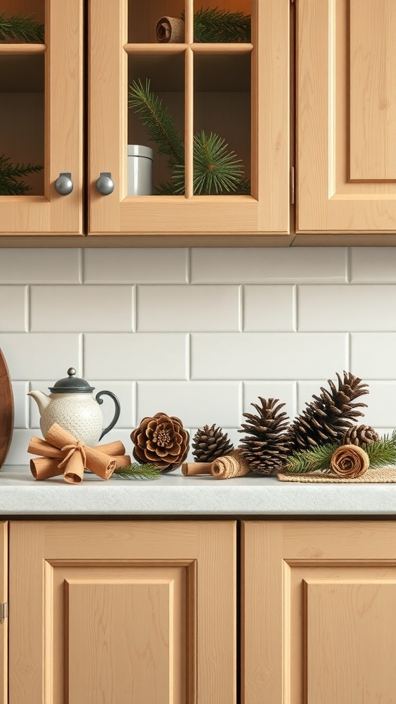 A kitchen countertop decorated with cinnamon sticks, pinecones, and greenery.