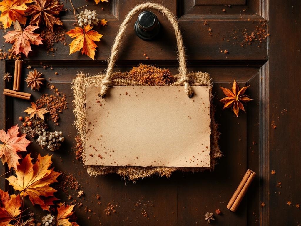 A rustic door hanger surrounded by autumn leaves and spices, featuring a blank tag for personalization.