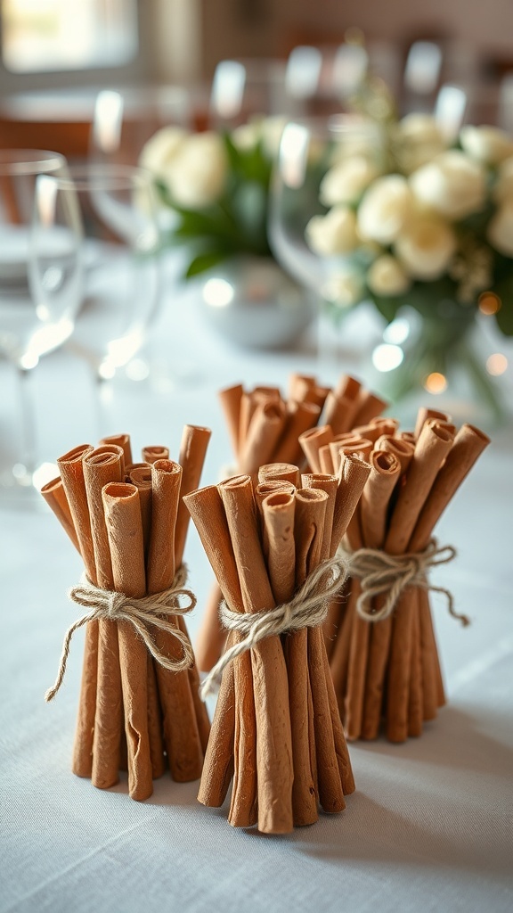 Bundles of cinnamon sticks tied with twine on a festive table