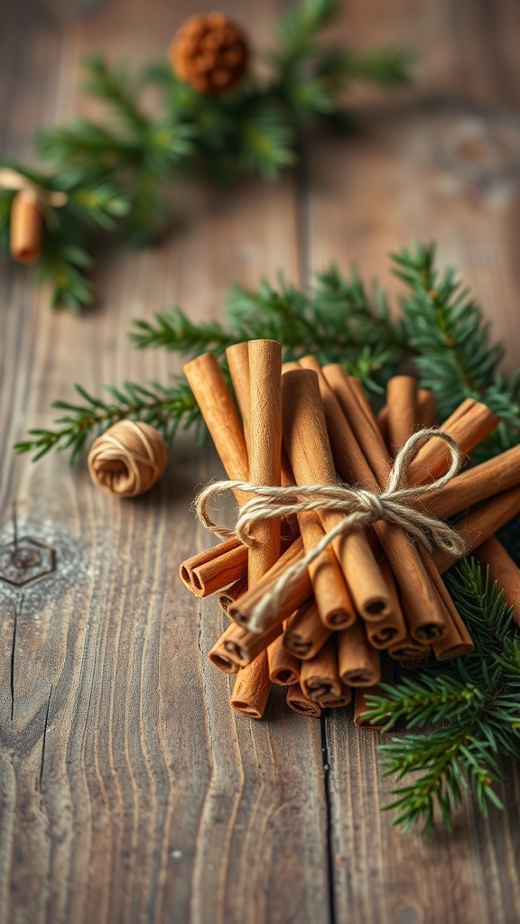 A bundle of cinnamon sticks tied with twine, surrounded by pine branches on a wooden surface.
