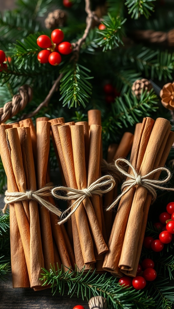 Bundles of cinnamon sticks tied with twine, surrounded by pine branches and red berries.