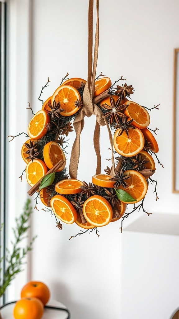 A wreath made of orange slices, star anise, and cinnamon sticks, decorated with a ribbon.