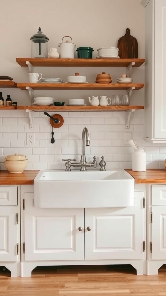 A classic apron-front farmhouse kitchen sink with wooden countertops and open shelving above.