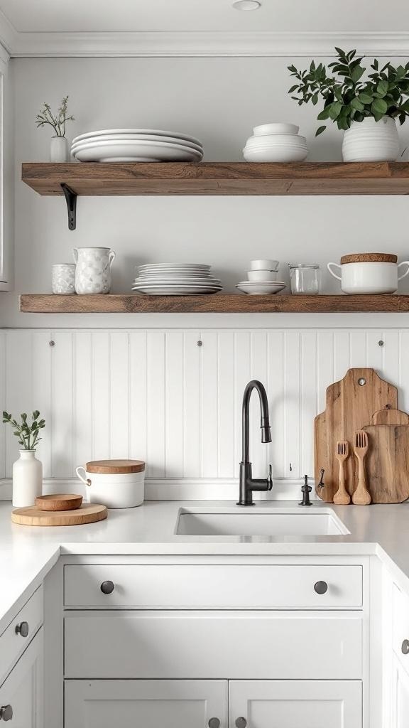 A white kitchen featuring beadboard backsplash, wooden shelves with dishes, and a modern sink.