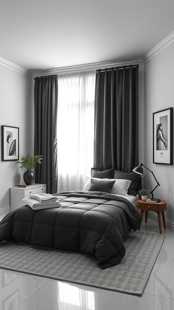 A stylish black and white bedroom featuring dark bedding, curtains, and light walls.