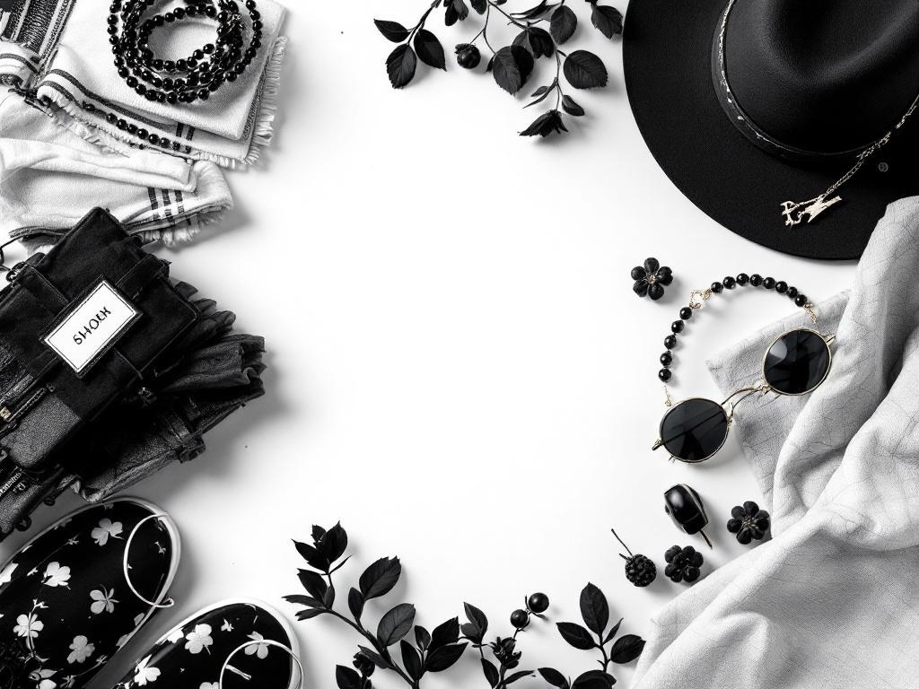 A stylish arrangement of black and white fashion items including a hat, sunglasses, and accessories.