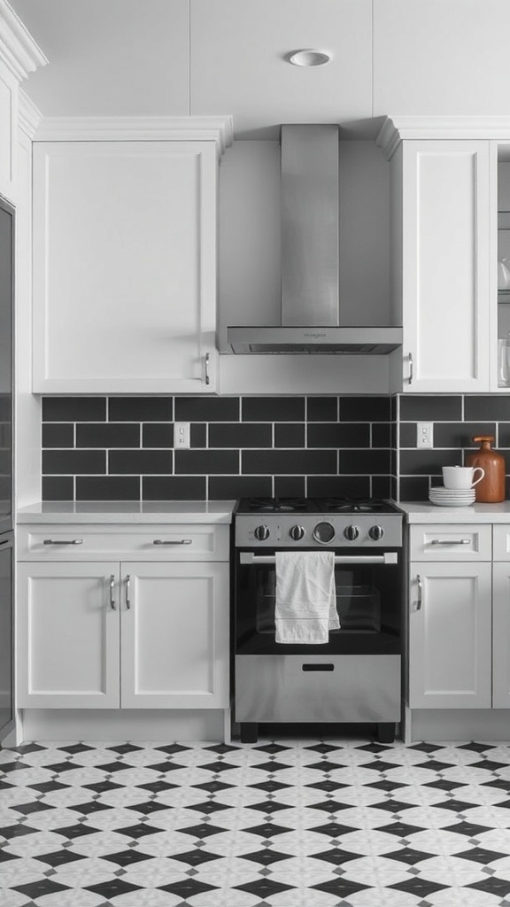 A black and white farmhouse kitchen featuring classic tile patterns on the floor.