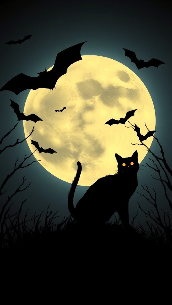 A silhouette of a black cat sitting against a large full moon, surrounded by flying bats.
