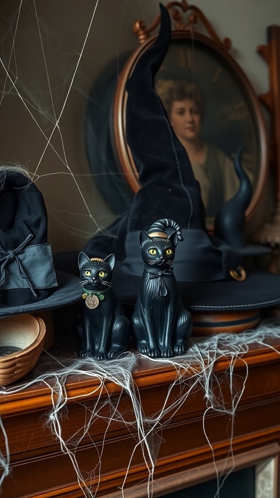 Vintage Halloween decor featuring black cat figurines and witch hats