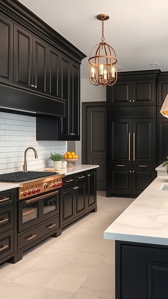 A modern farmhouse kitchen featuring black cabinets and a light countertop.