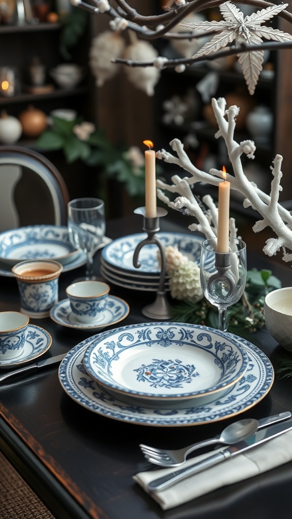 A beautifully set winter table featuring classic blue and white porcelain dishes, candles, and decorative elements.