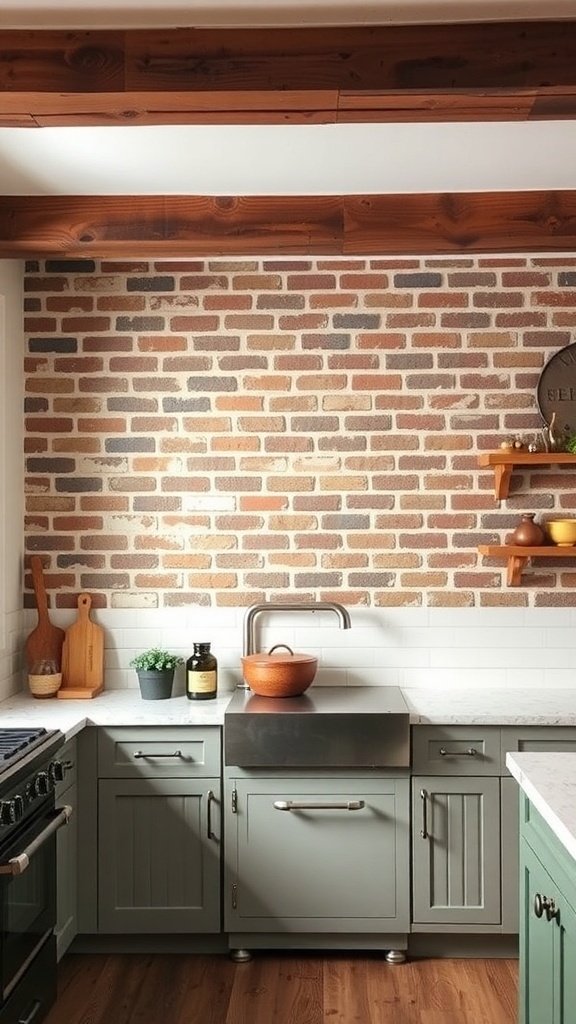 A cozy farmhouse kitchen featuring a classic brick backsplash with green cabinets and wooden accents.