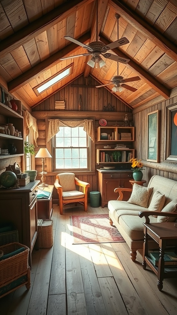 A cozy vintage cabin interior with wooden walls, natural light, and warm decor.