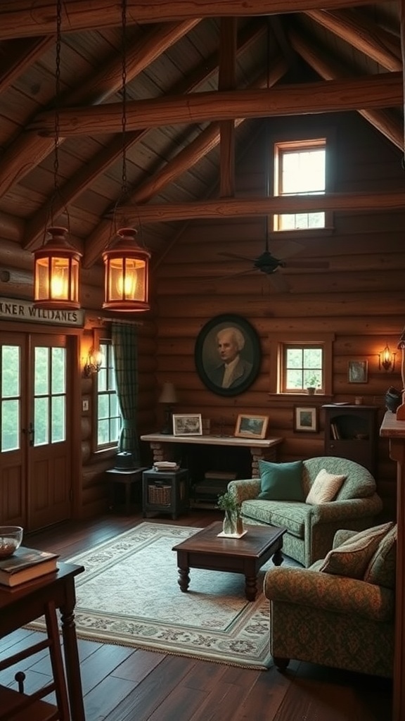 A cozy vintage cabin interior featuring warm lantern lighting, wooden beams, and comfortable seating.
