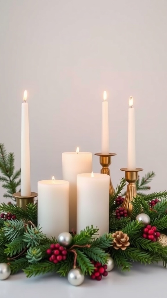 A beautiful arrangement of white candles surrounded by greenery, red berries, and gold accents.