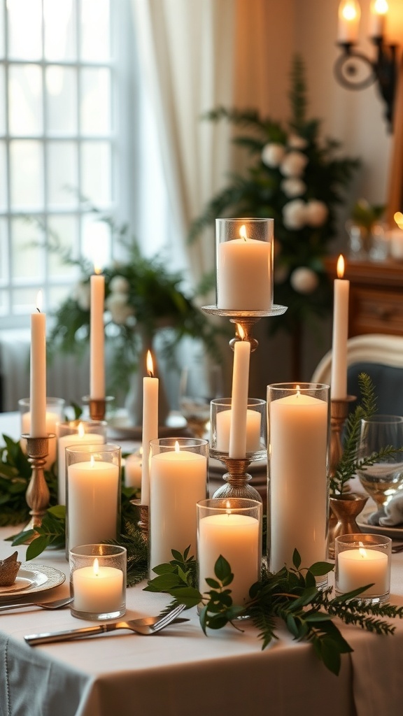 A beautifully arranged table with candles and greenery for Christmas decor.