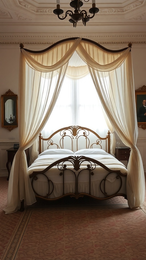 A vintage canopy bed with soft drapes in a classic bedroom setting.