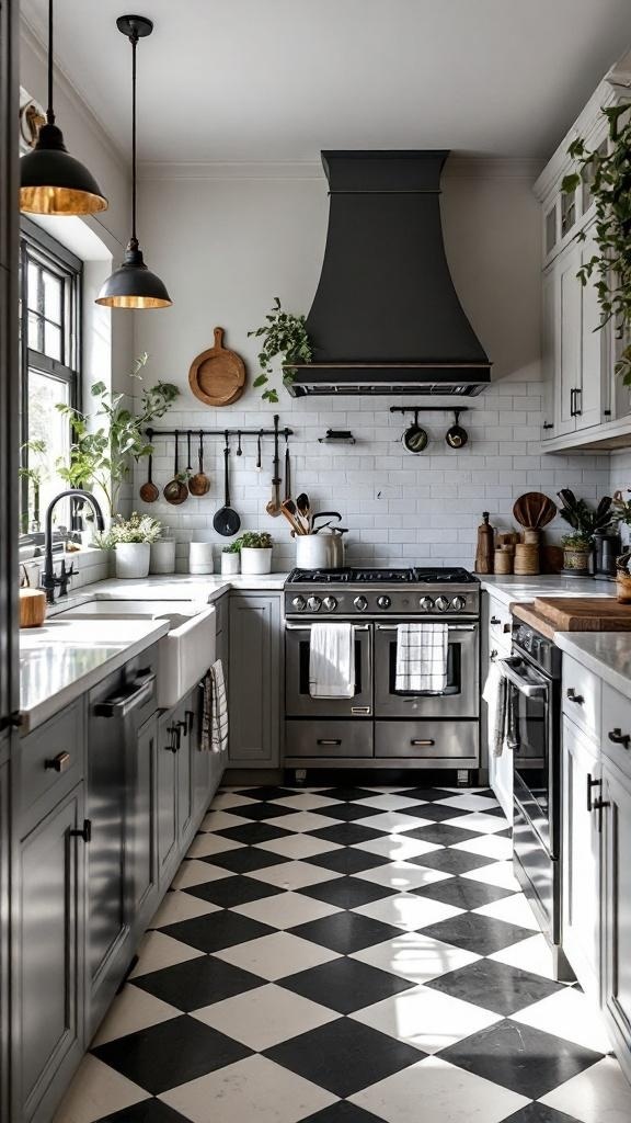 A farmhouse kitchen featuring classic black and white checkerboard flooring, modern appliances, and warm lighting.