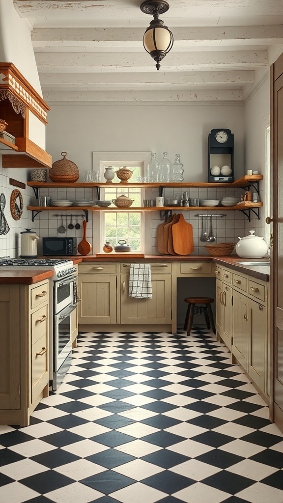 A vintage farmhouse kitchen featuring classic checkerboard flooring in black and white.